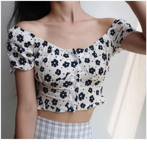 Black Daisy Puff Sleeve Sexy Cropped Shirt