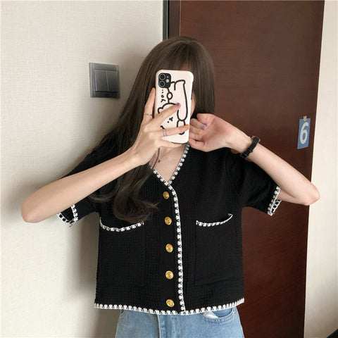 V-Neck Short Sleeve Knitted Tunic Cropped Shirt