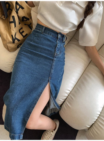 High Waist Long Split Denim Jeans Skirts