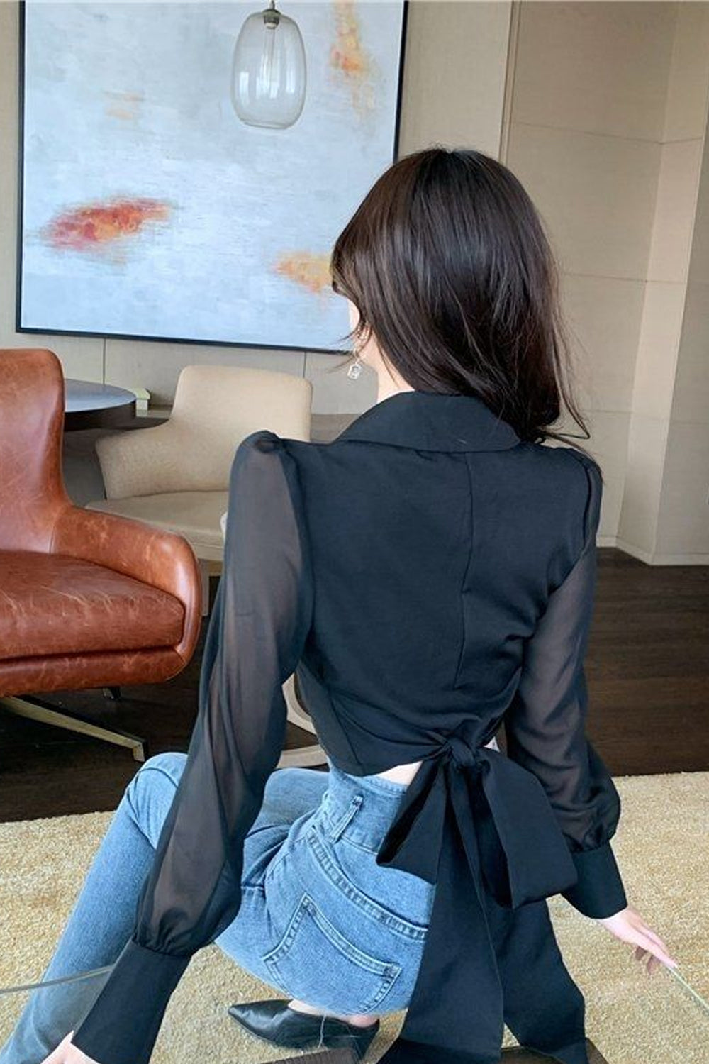 Long Sleeve Lapel Collar Cute Bow Office Blouse Shirt