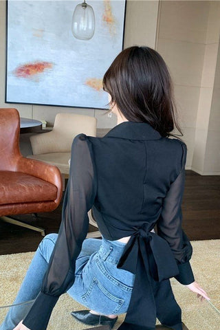 Long Sleeve Lapel Collar Cute Bow Office Blouse Shirt