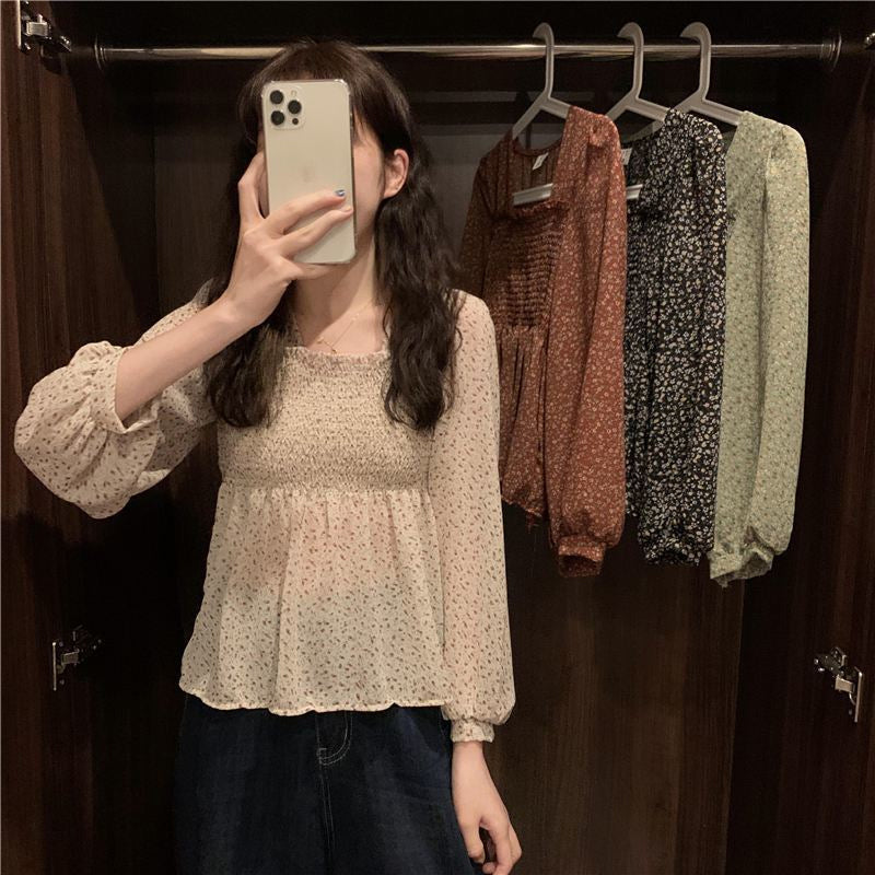 Long Lantern Sleeve Square Collar Blouse Shirts