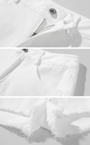 Raw Hem Denim Shorts with Low Rise Cut and Back Flap Pockets