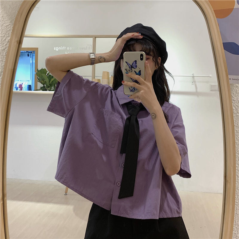 Loose Simple Crop Design Purple Blouse Shirt