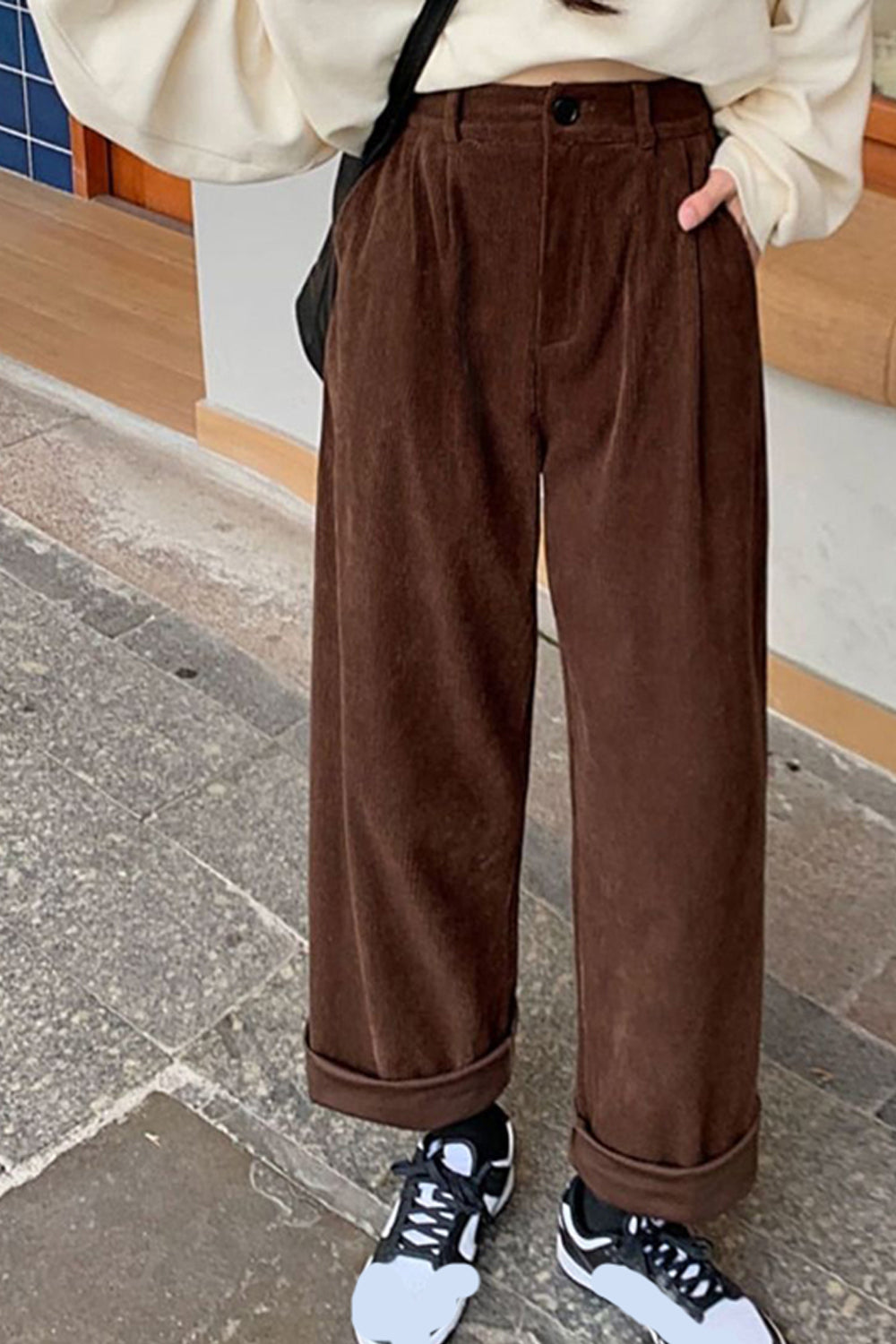 High Waist Casual Pockets Long Corduroy Pants