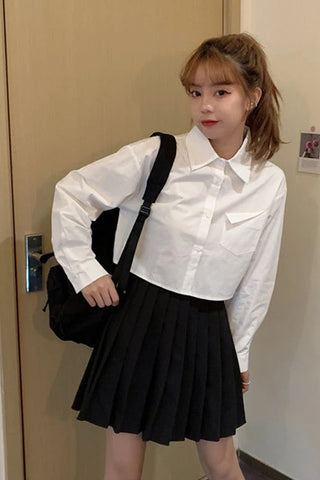Long Sleeve Cropped White Blouse Shirt