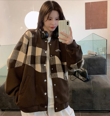 Retro Cute Plaid Casual Baseball Jacket