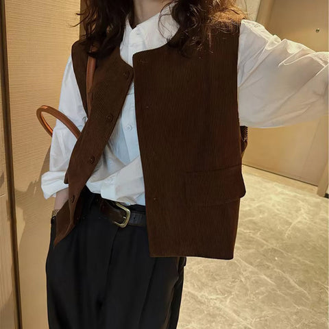 Retro O-Neck Corduroy Vest Sleeveless Sweater