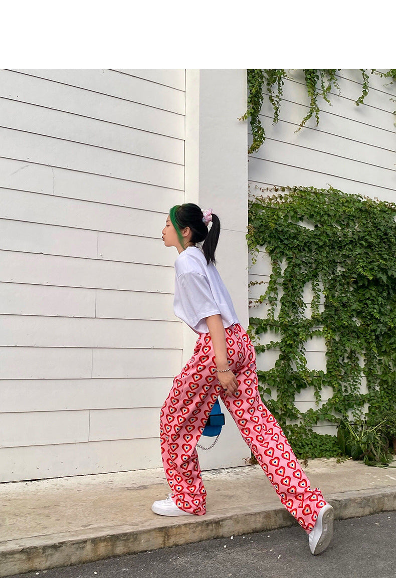 Heart Full Printed Long Straight Pink Pants