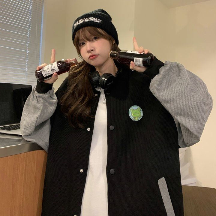 Cute Frog Embroidery Loose Baseball Jackets