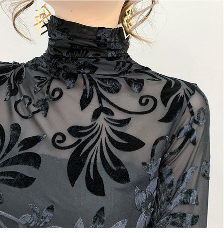 Camisas elegantes con estampado de flores y cuello alto 