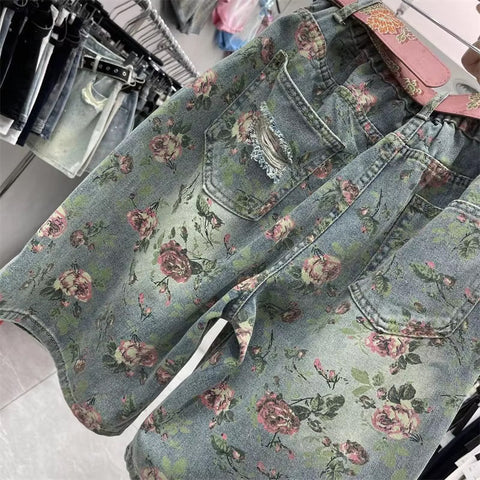 High Waist Ripped Floral Pattern Denim Shorts