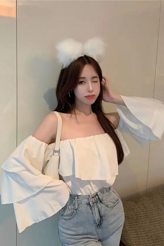 Long Sleeve Sexy Off Shoulder Ruffle Cropped Shirt