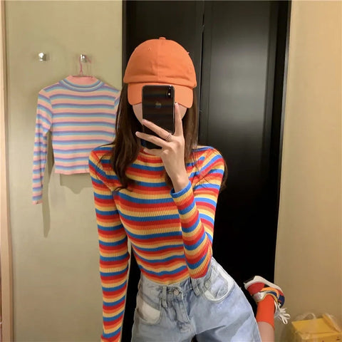 Cute Striped High Neck Slim Sweater