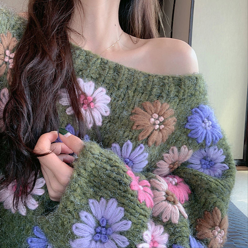 Sexy trägerloser Strickpullover mit Blumenstickerei