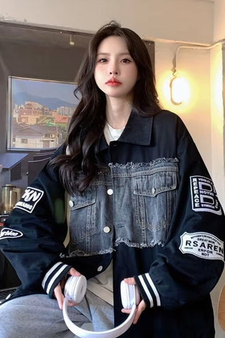 Long Sleeve Denim Patchwork Embroidered Baseball Jacket