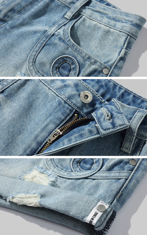 Distressed Denim Shorts with Folded Hem & Ring Stitch