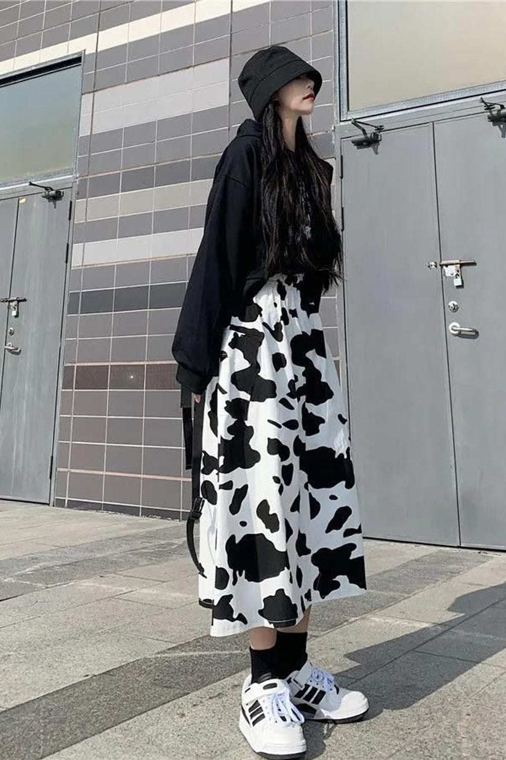 Loose Cow Pattern Mid Calf Skirts