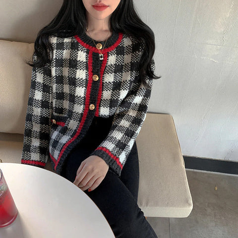 Black Plaid Knitted Cardigan