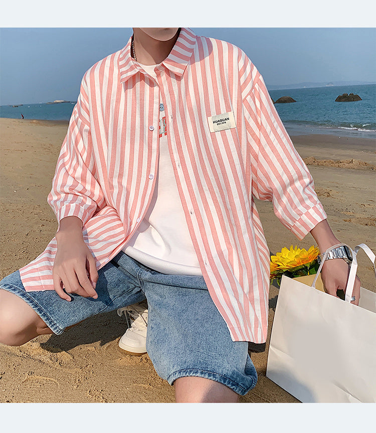 Pink Striped Half Sleeve Men Blouse Shirt