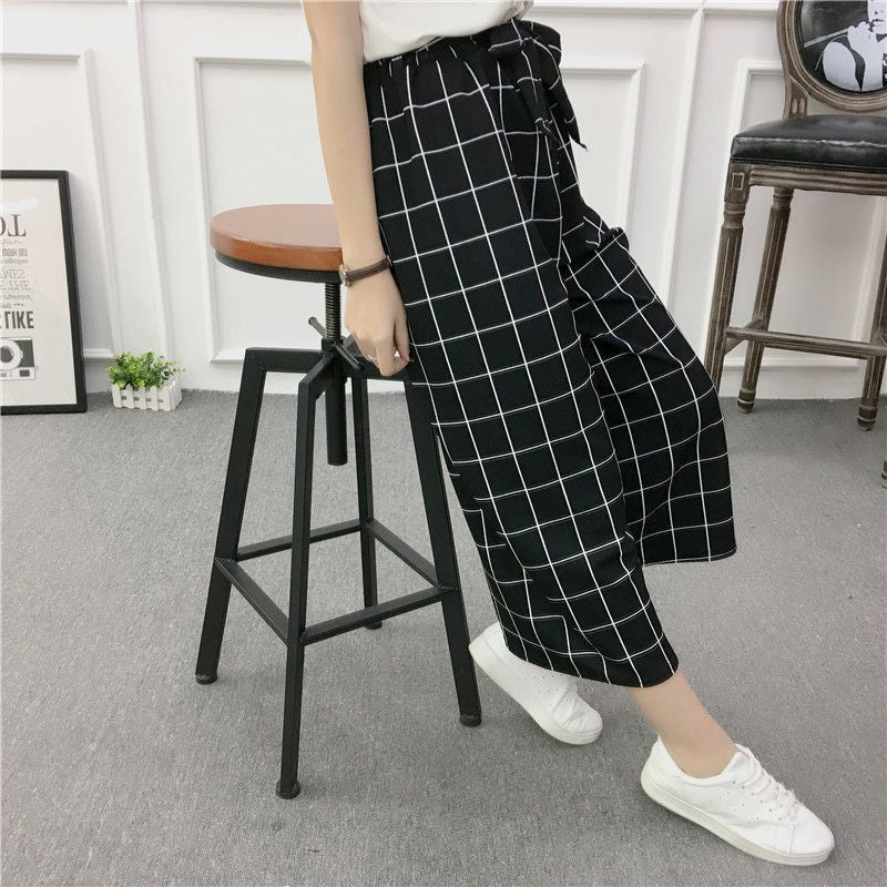 Loose Elegant Plaid Elastic Waist Belted Pants