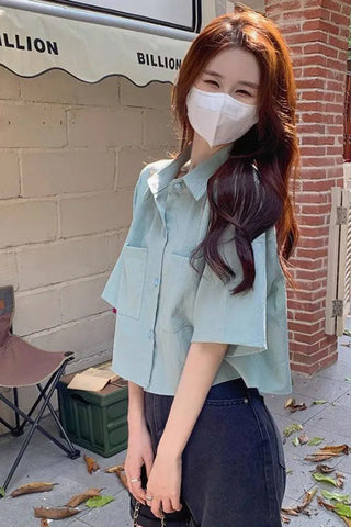 Short Sleeve Basic Colors Cropped Blouse Shirts