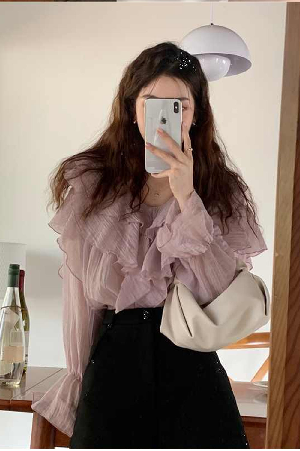 Elegantes Chiffon-Bluse-Shirt mit langen Ärmeln und Rüschen 