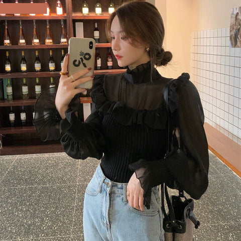 Long Sleeve Lace Stand Neck Elegant Blouse Shirt