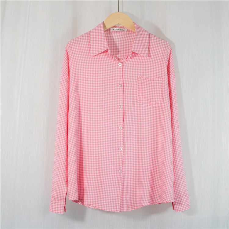 Pink Plaid Casual Blouse Long Sleeve Shirt