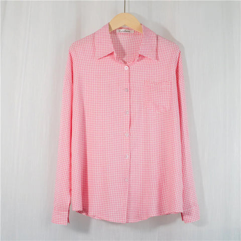 Pink Plaid Casual Blouse Long Sleeve Shirt