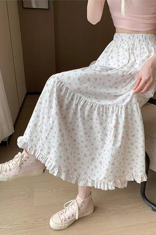 High Waist Floral Ruffles Sweet Long Skirts
