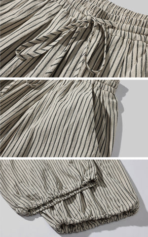 Drawstring Wide Stripe Pants in Washed Linen