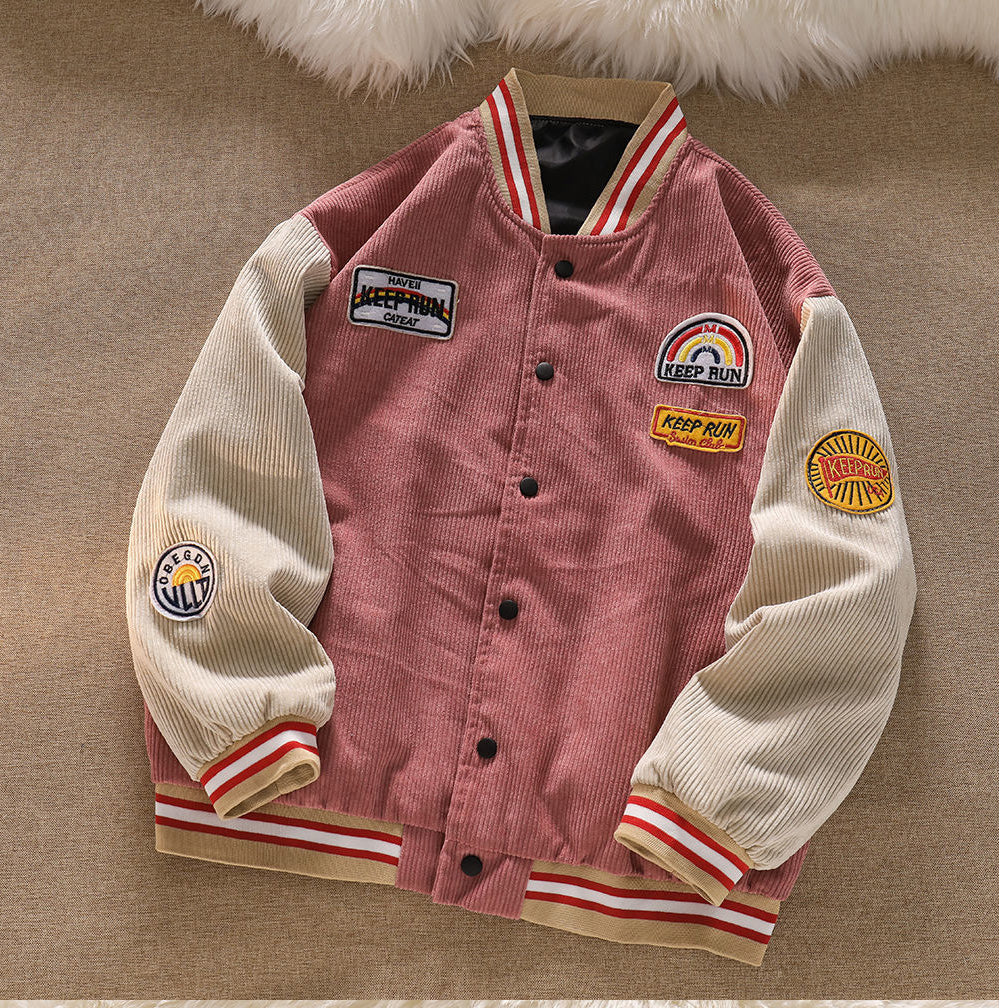 Chaqueta de béisbol de pana con letras bordadas retro 