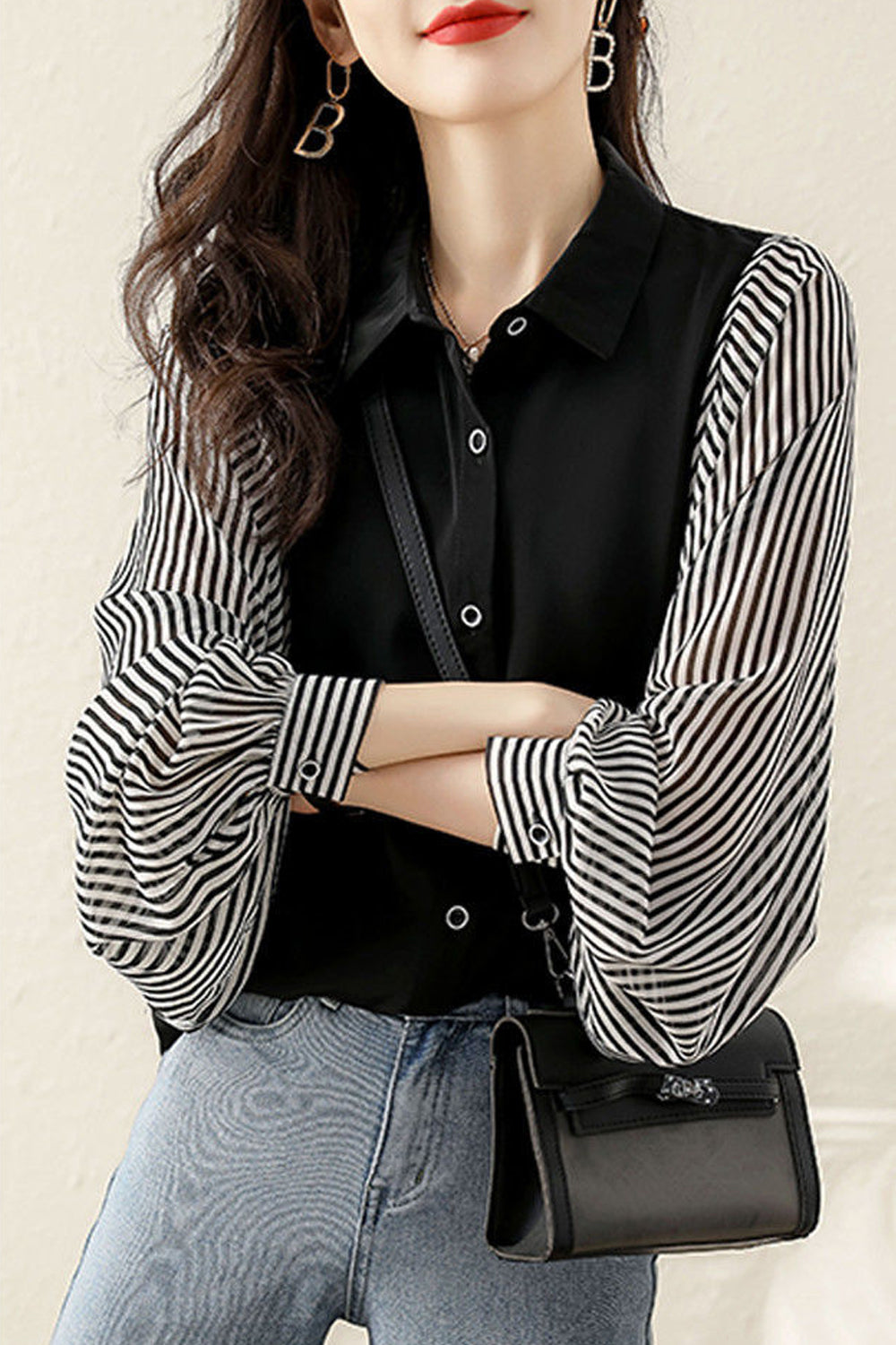 Long Sleeve Side Striped Combination Office Blouse Shirt