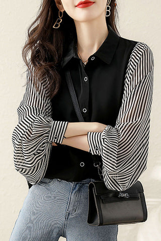 Long Sleeve Side Striped Combination Office Blouse Shirt