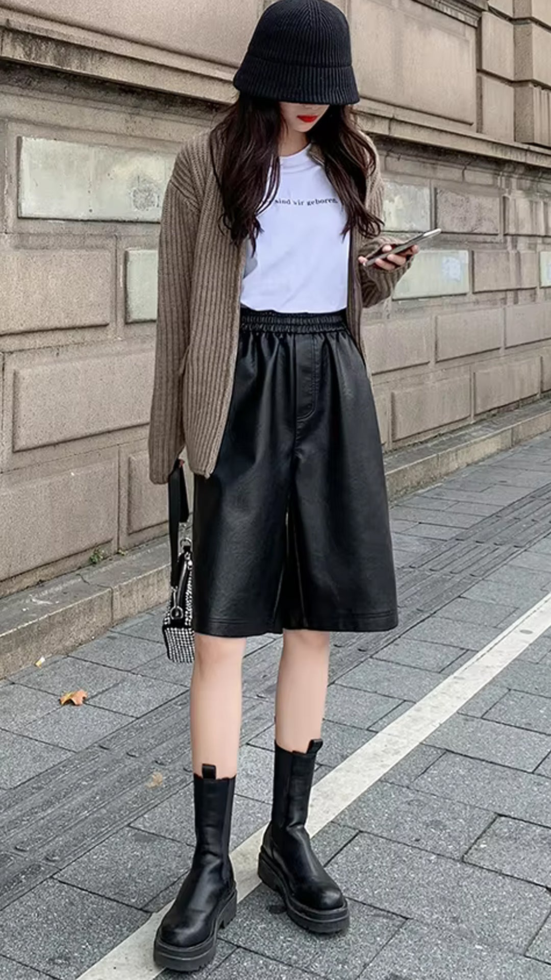 High Waist Elastic Casual Leather Shorts
