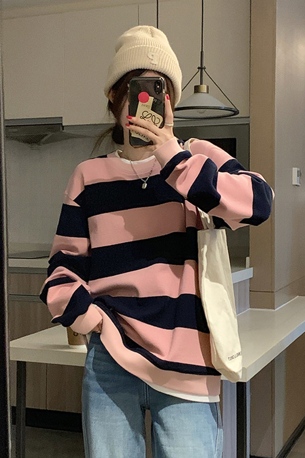 Long Sleeve Pink Striped Sweatshirt