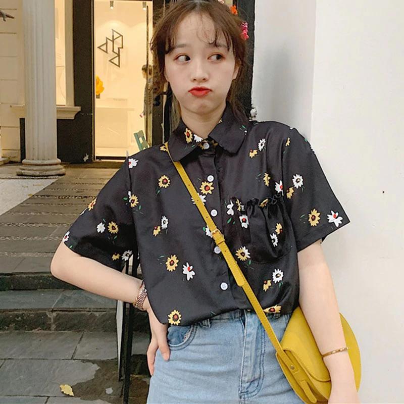 Flowers Print Short Sleeve Chiffon Blouse Shirt