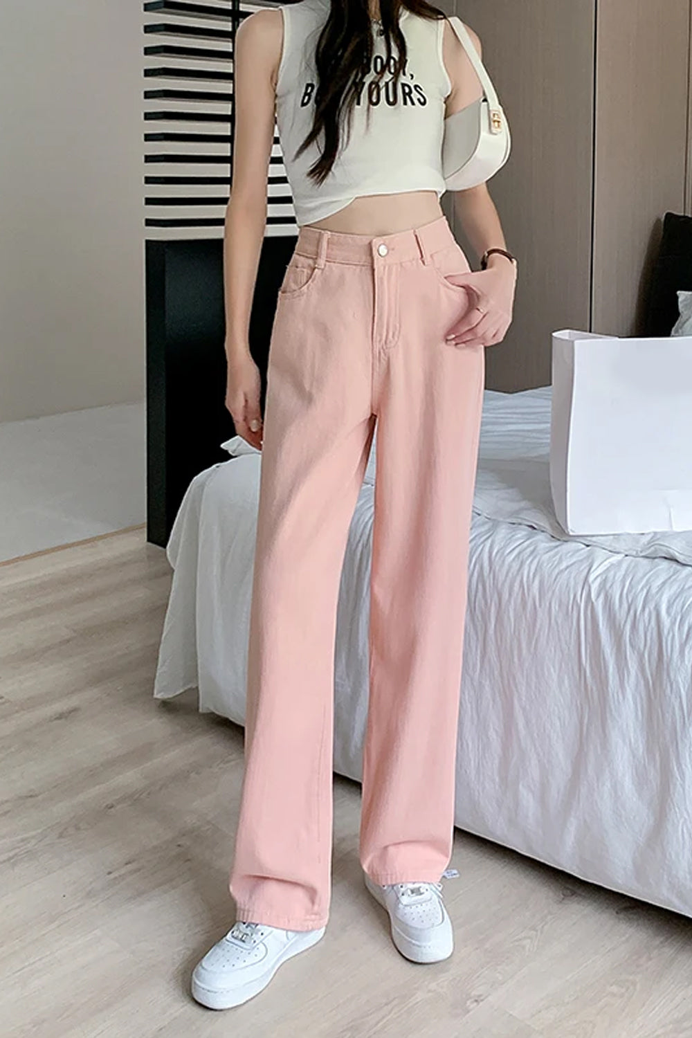 High Waist Loose Straight Pink Jeans Pants