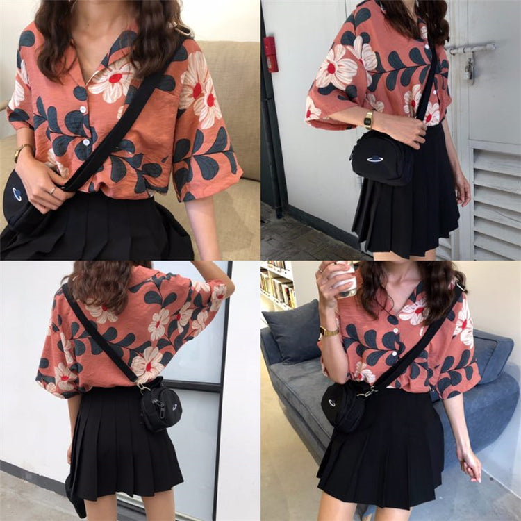 Vintage Floral Pattern Short Sleeve Blouse Shirt