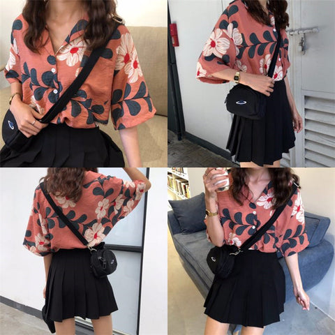 Vintage Floral Pattern Short Sleeve Blouse Shirt