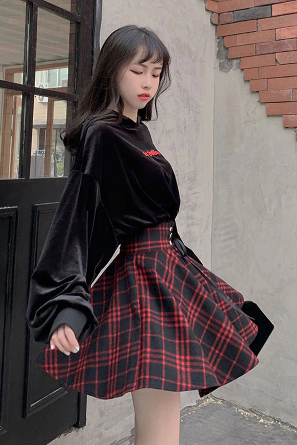 High Waist Lace Up Plaid Gothic Style Skirt