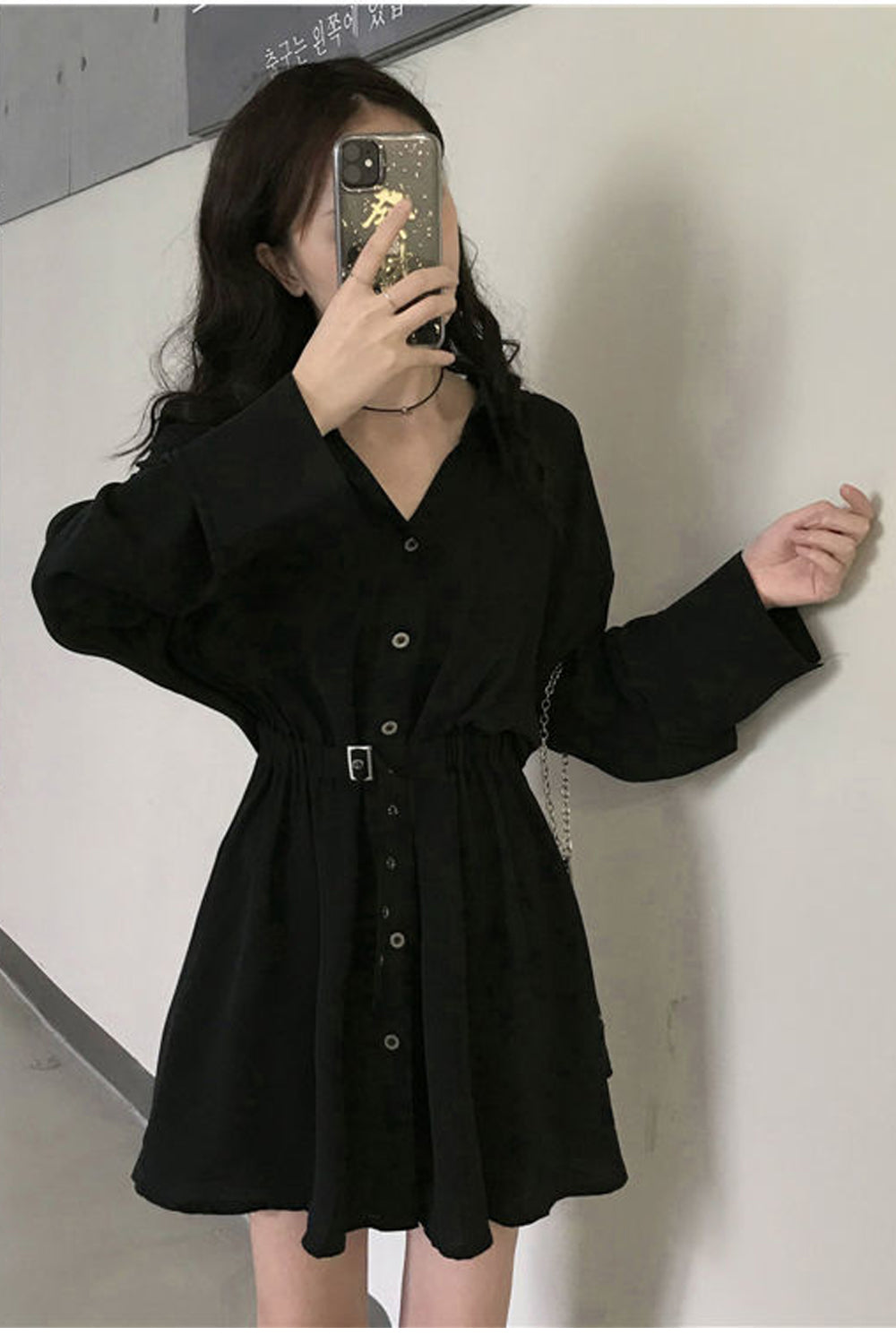 Long Sleeve Turn Down Collar Button Black Dress