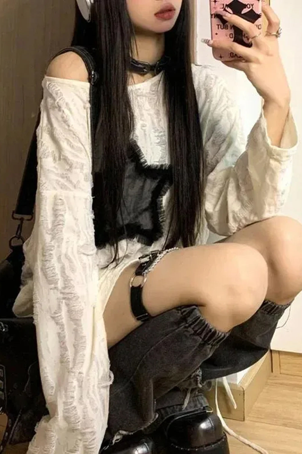 Long Sleeve Off Shoulder Star Patchwork Ripped Shirt
