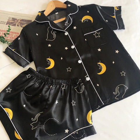 Conjunto de pijama de satén de 2 piezas con estampado de gato, luna y estrellas