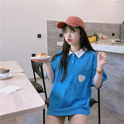Cute Heart Pocket Embroidery Polo Shirt