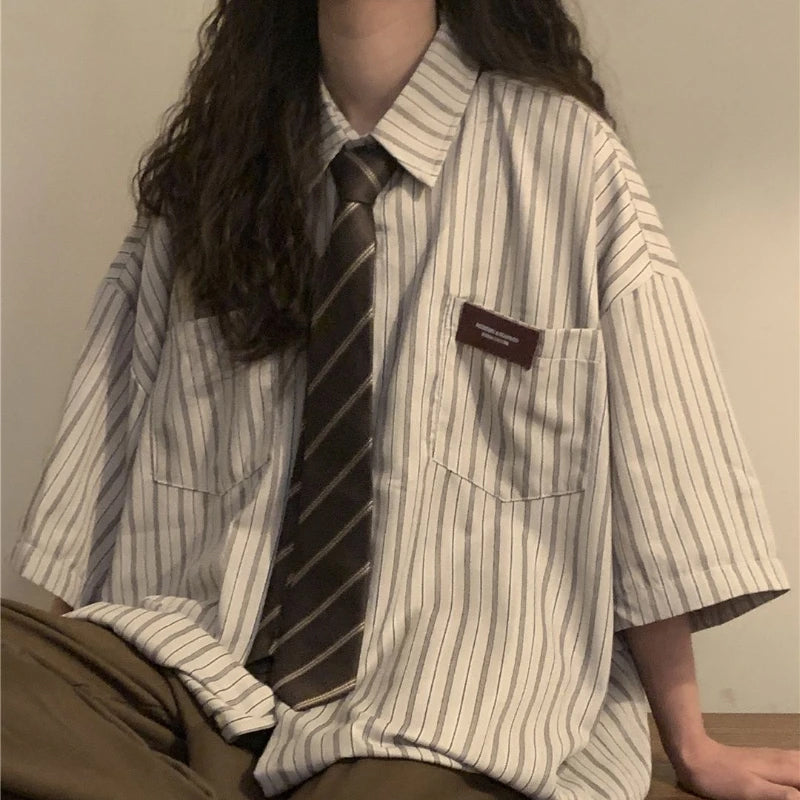 Short Sleeve Hip Hop Striped Collar Shirt