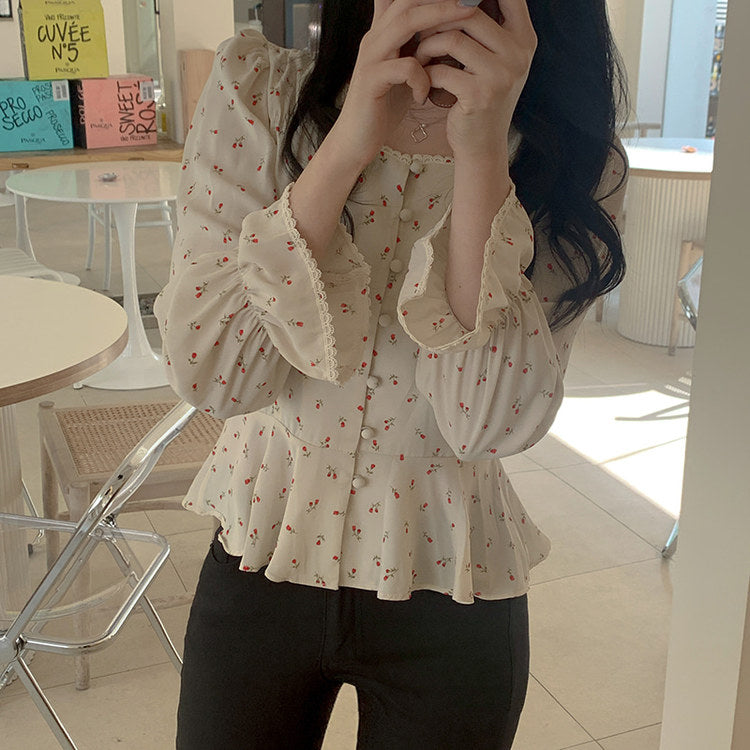 Little Flowers Pattern Square Collar Blouse Shirt