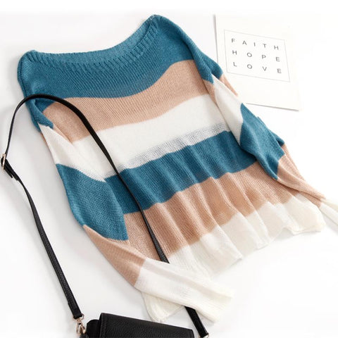 Sexy Stripe Splice Solid Knitted Sweater