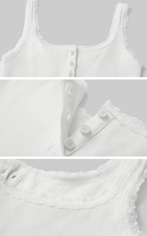 Ribbed Tank Top with Lace and Button Details